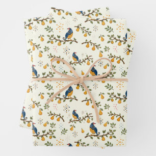 Partridge in a Pear Tree Hand-Drawn Bird Pattern Wrapping Paper Sheets