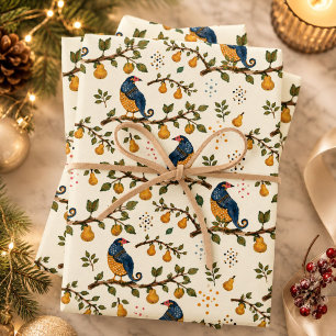 Partridge in a Pear Tree Hand-Drawn Bird Pattern Wrapping Paper Sheets