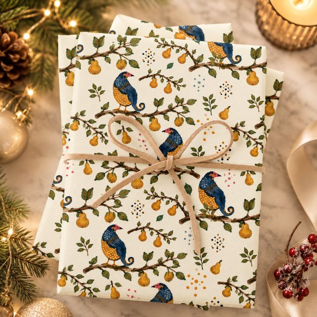 Partridge in a Pear Tree Hand-Drawn Bird Pattern Wrapping Paper Sheets (Blue and gold partridges perch on pear tree branches on this hand-illustrated Christmas gift wrap.)