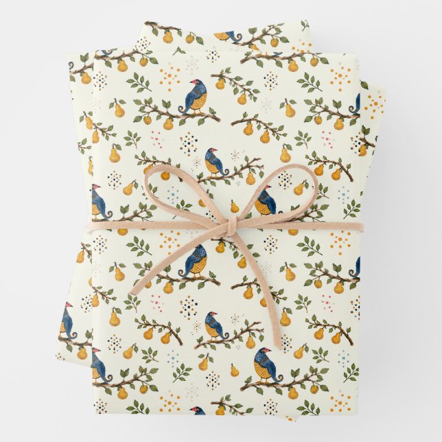 Partridge in a Pear Tree Hand-Drawn Bird Pattern Wrapping Paper Sheets (In situ)