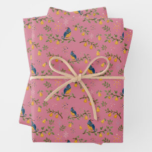 Partridge in a Pear Tree Hand-Drawn Birds Pink Wrapping Paper Sheets