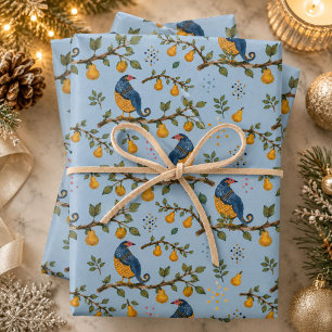 Partridge in a Pear Tree Hand-Drawn Blue Christmas Wrapping Paper Sheets