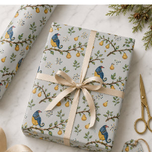 Partridge in a Pear Tree Hand-Drawn Blue Christmas Wrapping Paper Sheets