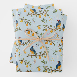 Partridge in a Pear Tree Hand-Illustrated Ice Blue Wrapping Paper Sheets