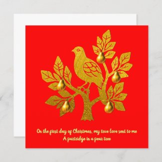 Partridge In A Pear Tree Pretty Red Gold Christmas Card