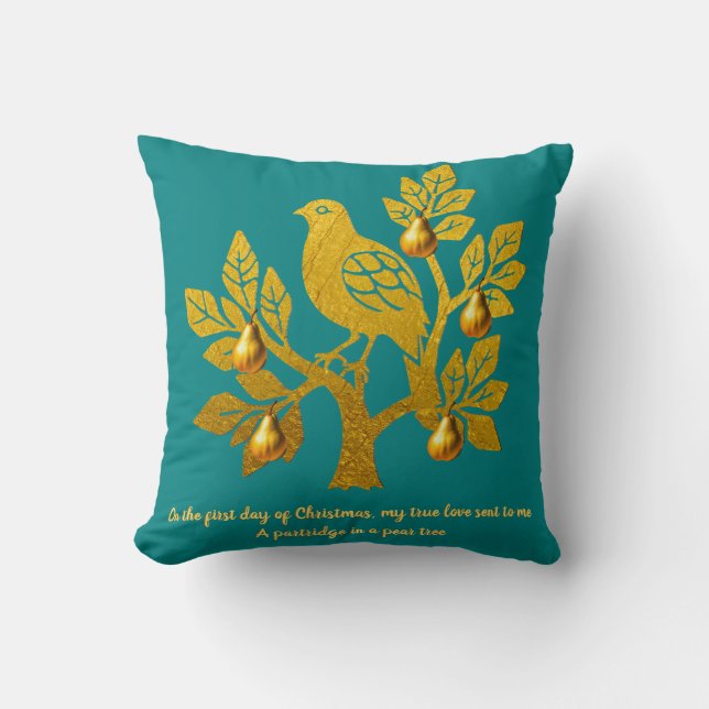Partridge In A Pear Tree Teal Blue Merry Christmas Throw Pillow (Front)