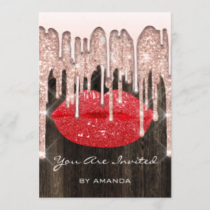 Party 16th Kiss Lips Rose Glitter Wood. Red Invitation