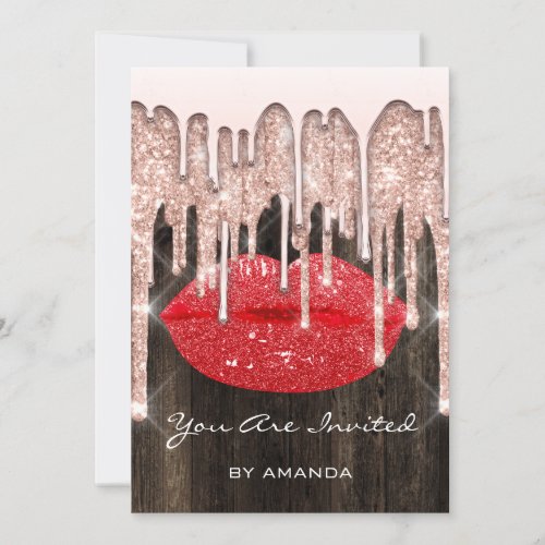 Party 16th Kiss Lips Rose Glitter Wood Red Invitation