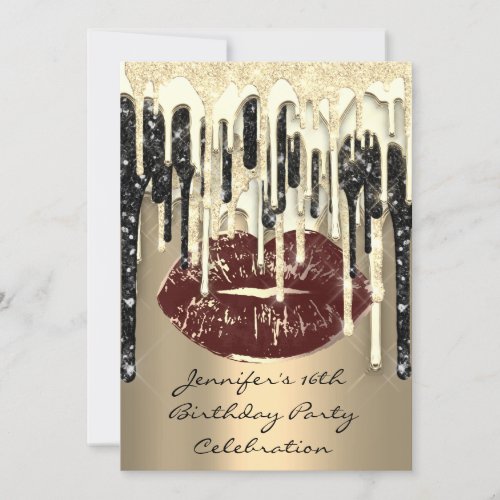 Party 16th Lips Kiss Black Brown Glitter Drips  Invitation