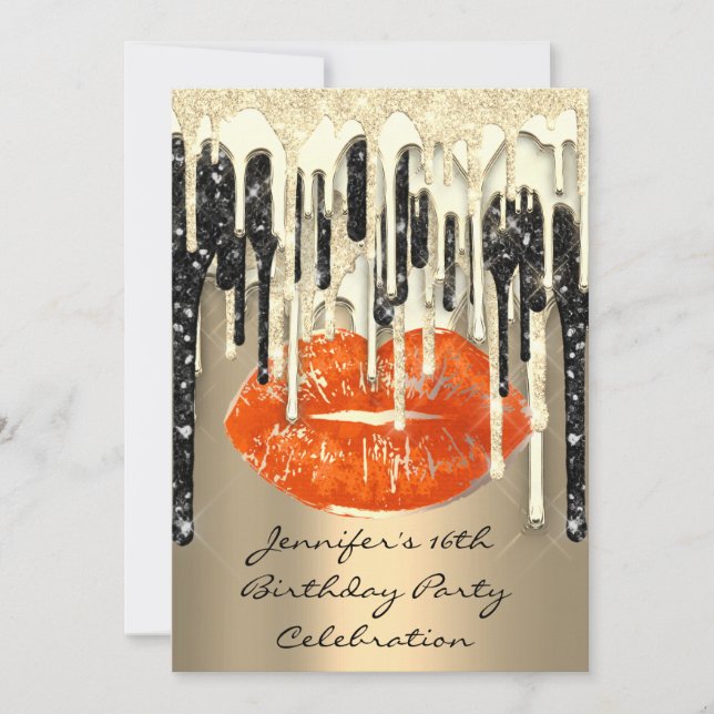 Party 16th Lips Kiss Black Coral Glitter Drips Invitation (Front)