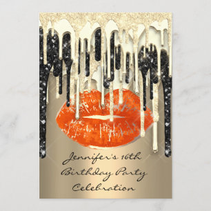 Party 16th Lips Kiss Black Coral Glitter Drips Invitation