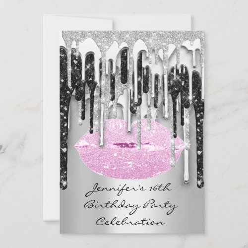 Party 16th Lips Kiss Black Pink Glitter Drips Invitation