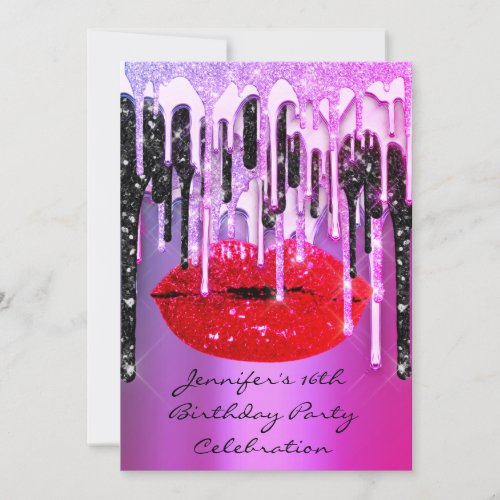 Party 16th Lips Kiss Black Pink Glitter Drips Invitation