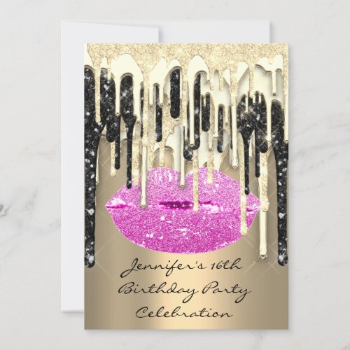 Party 16th Lips Kiss Black Pink Glitter Drips Invitation