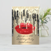 Party 16th Lips Kiss Black Red Glitter Drips  Invitation (Standing Front)