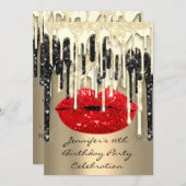 Party 16th Lips Kiss Black Red Glitter Drips  Invitation (Front/Back)