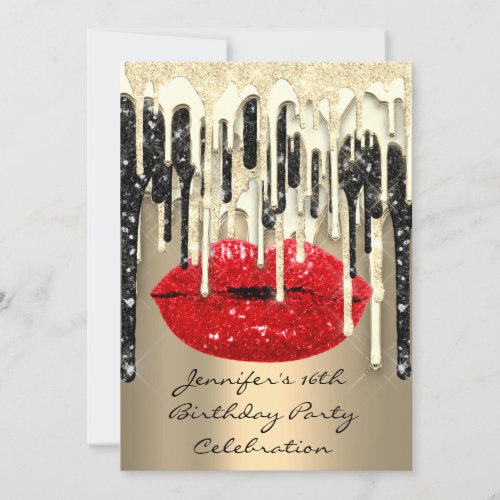 Party 16th Lips Kiss Black Red Glitter Drips  Invitation