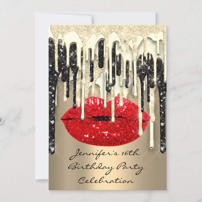 Party 16th Lips Kiss Black Red Glitter Drips  Invitation (Front)