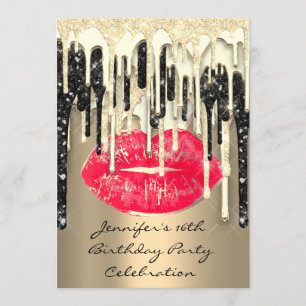 Party 16th Lips Kiss Black Red Glitter Drips Invitation