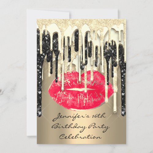 Party 16th Lips Kiss Black Red Glitter Drips Invitation