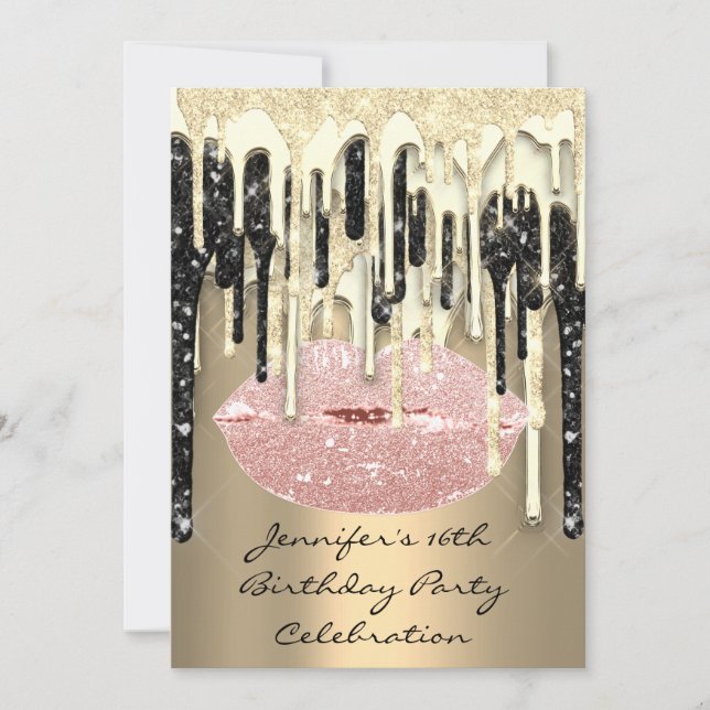 Party 16th Lips Kiss Black Rose Glitter Drips Invitation (Front)