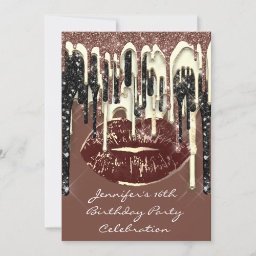 Party 16th Lips Kiss Brown Chocolate Glitter Drips Invitation