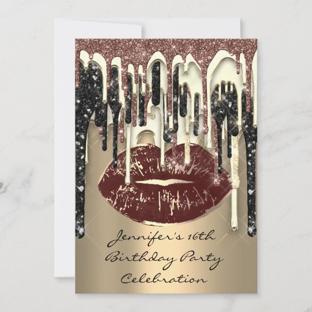 Party 16th Lips Kiss Brown Coffee Glitter Drips Invitation (Front)