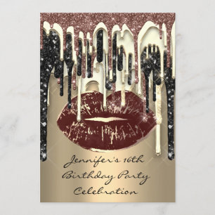 Party 16th Lips Kiss Brown Coffee Glitter Drips Invitation