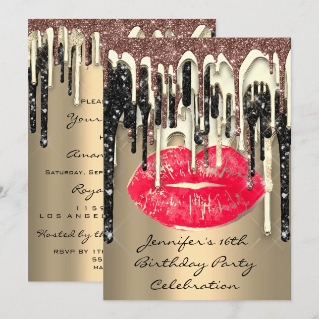 Party 16th Lips Kiss Brown Red Glitter Drips Invitation (Front/Back)