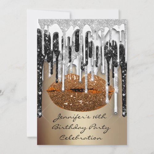 Party 16th Lips Kiss Brown Silver Glitter Drips Invitation