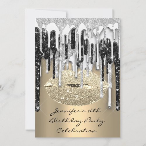 Party 16th Lips Kiss Gold Silver Glitter Drips Invitation