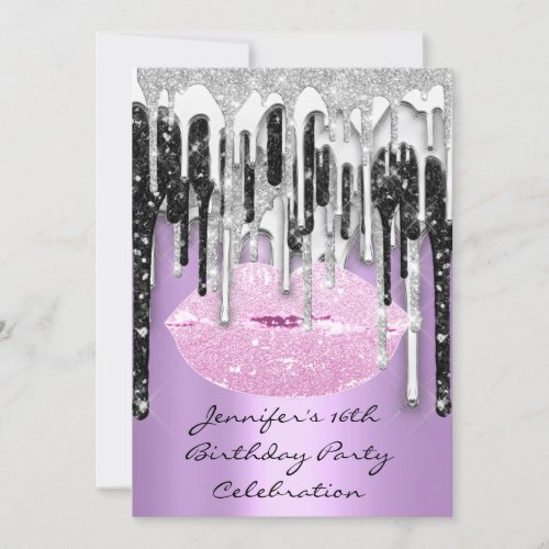 Party 16th Lips Kiss Purple Pink Glitter Drips   Invitation