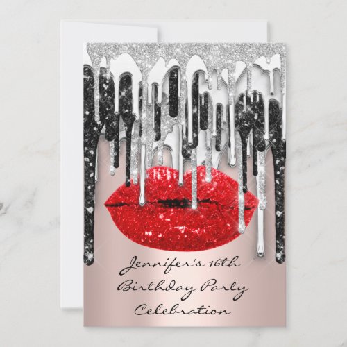 Party 16th Lips Kiss Rose Red Glitter Drips   Invitation