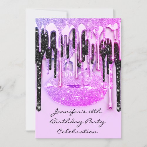 Party 16th Lips Pink Black Drips Mermaid   Invitation