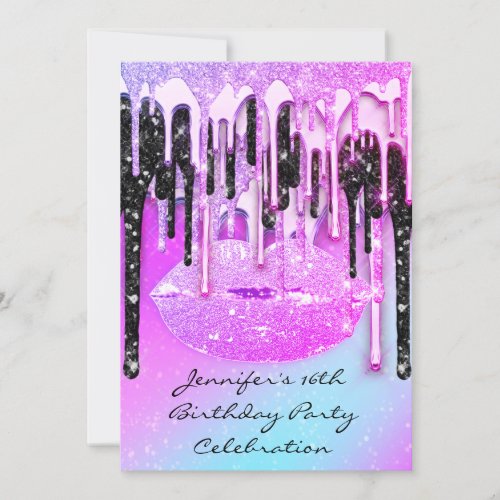 Party 16th Lips Pink Holograph Spark Mermaid Drip Invitation