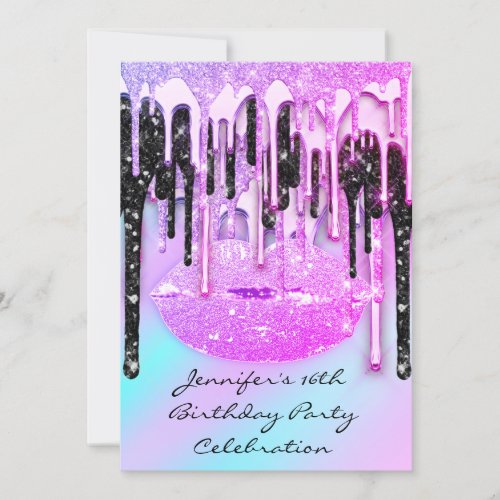 Party 16th Lips Pink Holographic Mermaid Drips Invitation