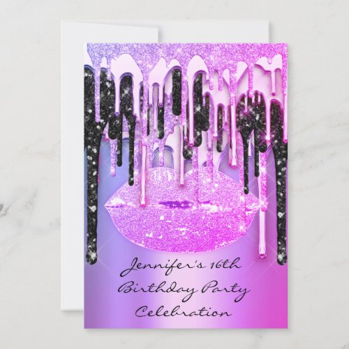 Party 16th Lips Pink Kiss Girly Glitter Drips Invitation