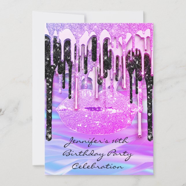 Party 16th Lips Pink Kiss Girly Mermaid Drips Invitation (Front)