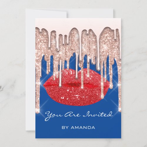 Party 16th Red Kiss Lips Rose Glitter Blue Invitation