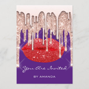 Party 16th Red Kiss Lips Rose Glitter Purple Invitation