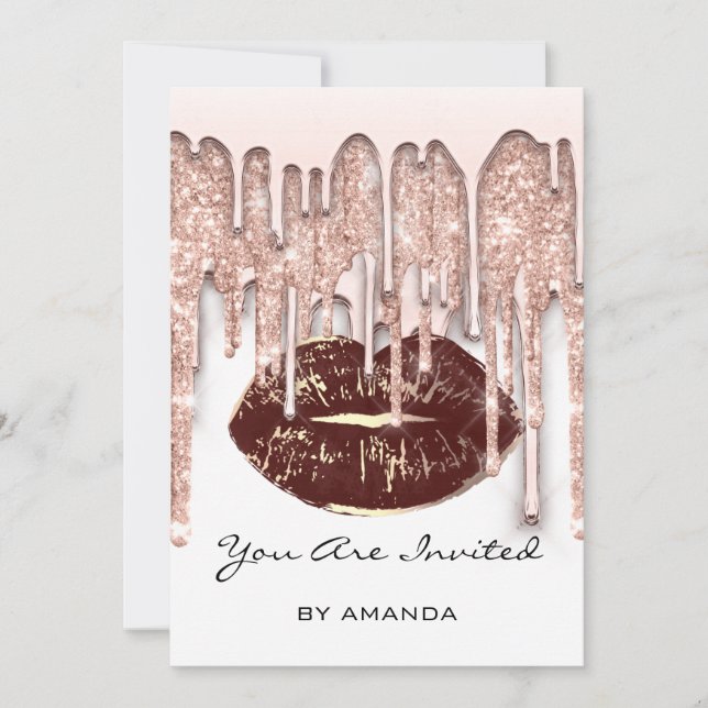 Party 16th Red Kiss Lips Rose Glitter White Brown Invitation (Front)