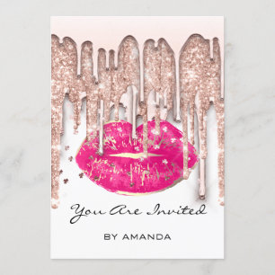 Party 16th Red Kiss Lips Rose Glitter White Pink Invitation
