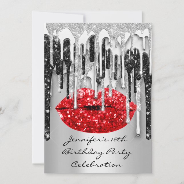 Party 16th Red Lips Kiss Black Gray Glitter Drips  Invitation (Front)