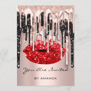 Party 16th Red Lips Kiss Rose Glitter Drips Black Invitation