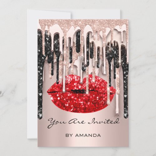 Party 16th Red Lips Kiss Rose Glitter Drips Black Invitation