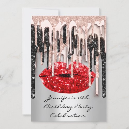 Party 16th Red Lips Kiss Rose Glitter Drips Glam Invitation