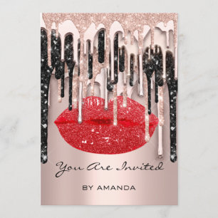 Party 16th Red Lips Kiss Rose Glitter Drips Rose Invitation