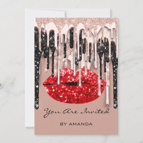 Party 16th Red Lips Rose Glitter Drips Skinny Invitation