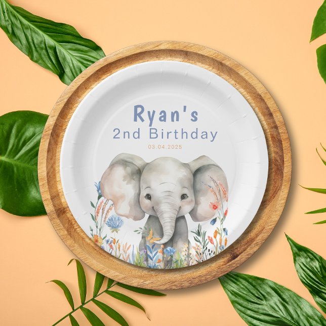 party animal 2nd birthday paper plates (Safari Jungle Watercolor Cute Elephant Orange Blue Flowers 2nd Birthday Paper Plate)
