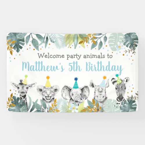 Party Animal Blue Gold Safari Birthday Banner